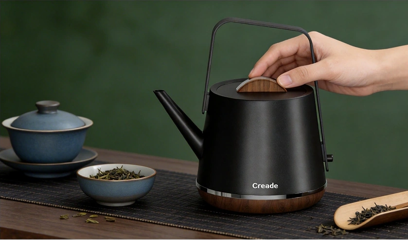 Creade black electric kettle and tea set