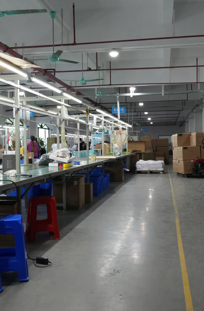 Production line showing connected manufacturing workstations